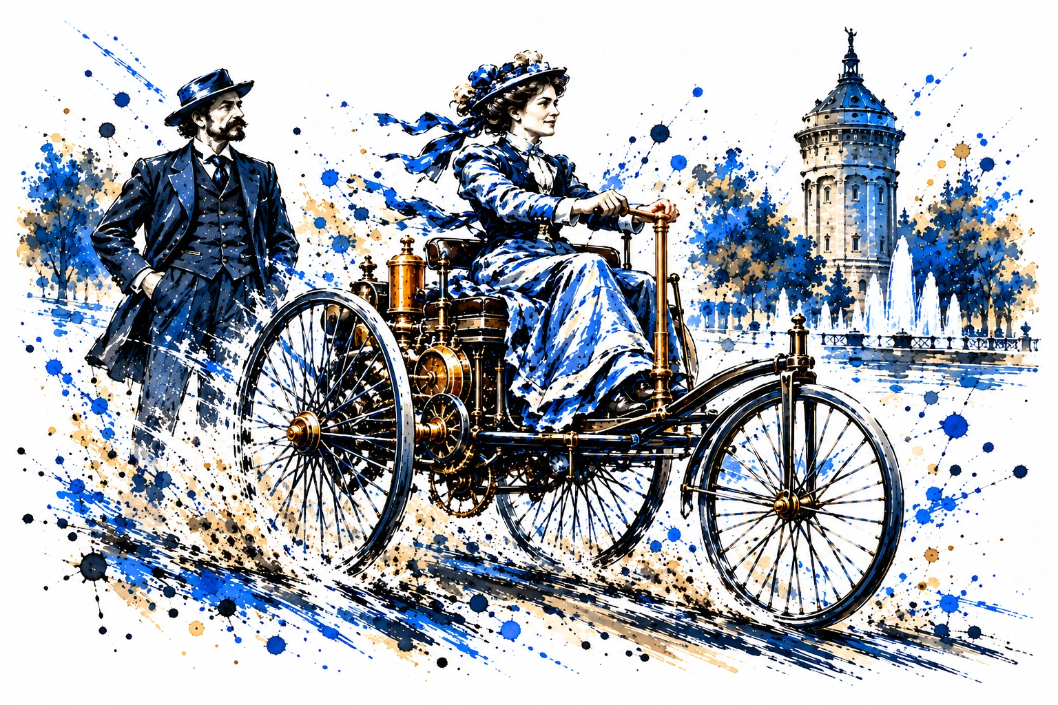 Bertha Benz am Steuer eines frühen Motorwagens, Carl Benz steht daneben; Mannheimer Stadtmotiv im Hintergrund