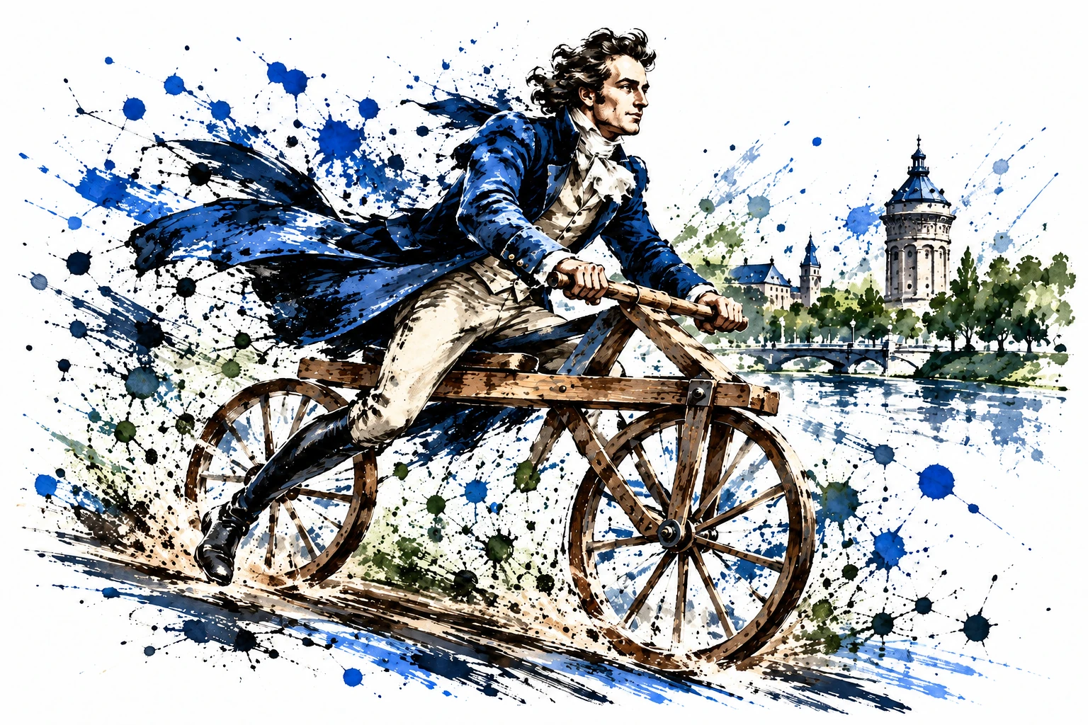 Karl Drais auf einer hölzernen Laufmaschine mit zwei Rädern – dynamische Illustration in Blau und Schwarz