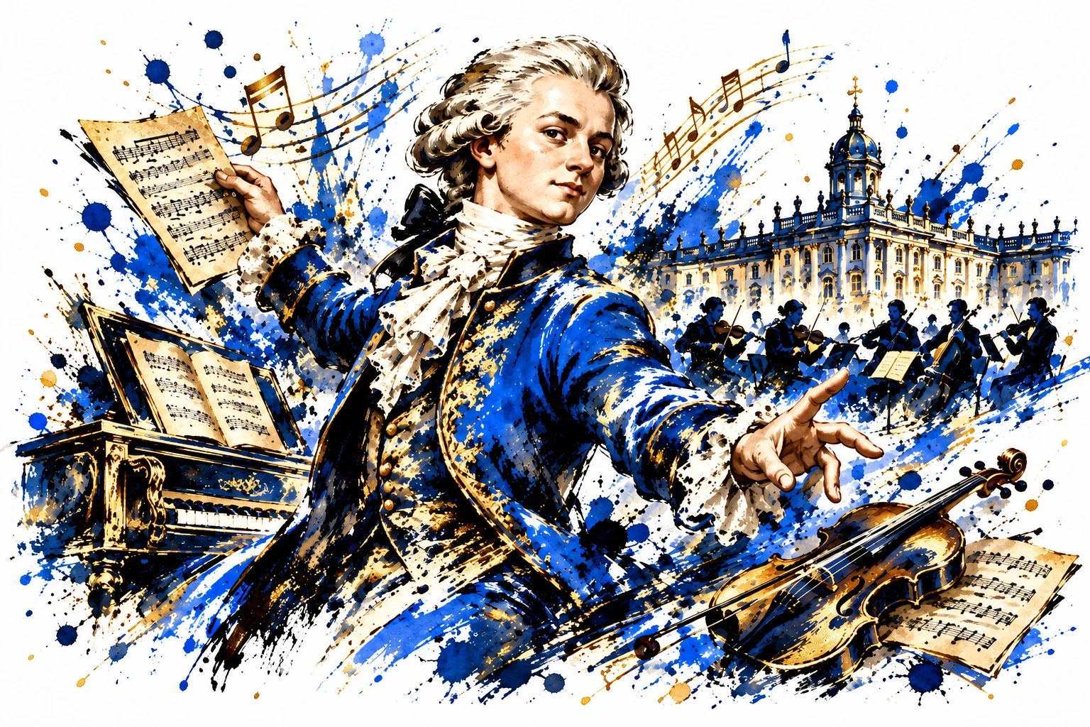 Wolfgang Amadeus Mozart mit Notenblatt und Geige vor der kurfürstlichen Residenz Mannheim – Illustration mit blauen und goldenen Pinselstrichen